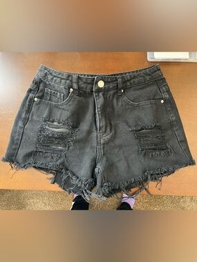 SHEIN Black Distressed Frayed Denim Shorts